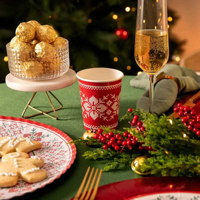 Vasos de Cartón Navidad Rojo Jacquard 270 cc (6 uds) - NAROSA SWEET PARTY