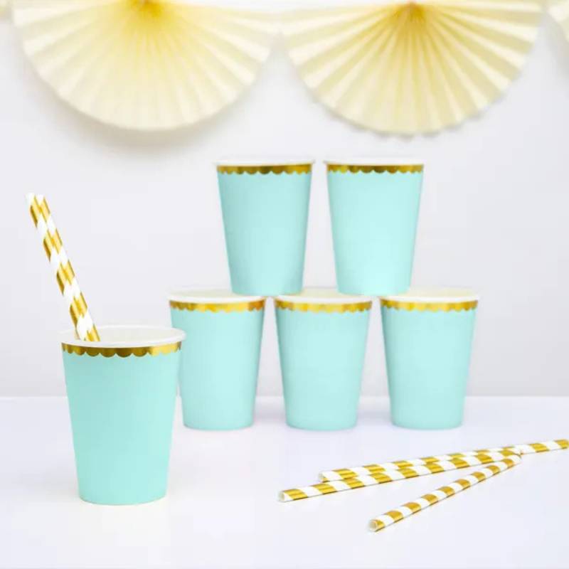 Vasos de papel menta con borde dorado 220 ml - NAROSA SWEET PARTY