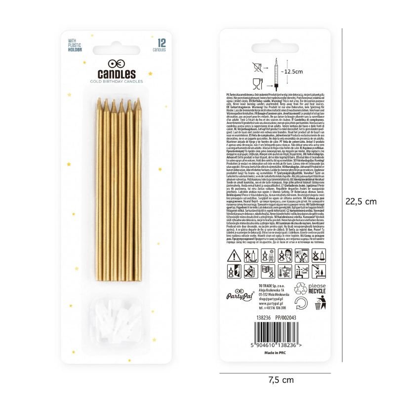 Velas de cumpleaños doradas, 13,5 cm, 12 uds. - NAROSA SWEET PARTY
