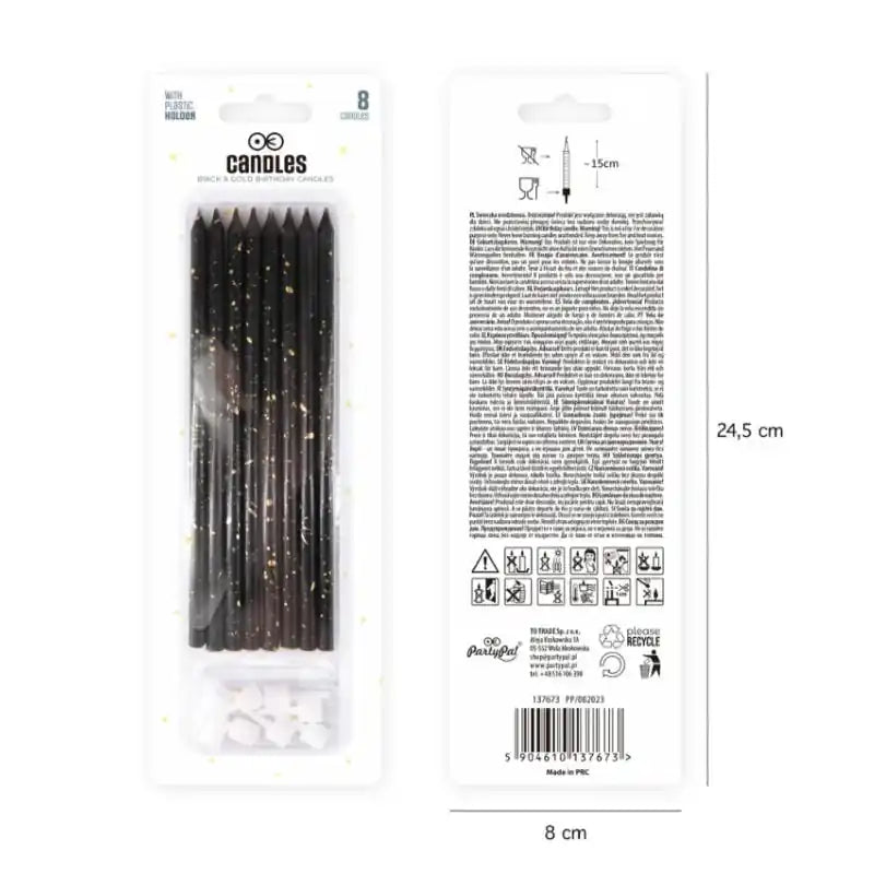 Velas de cumpleaños negras y doradas, 15 cm, 8 uds. - Narosa Sweet Party Barcelona