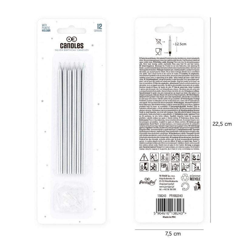 Velas de cumpleaños plateadas, 13,5 cm, 12 uds. - NAROSA SWEET PARTY