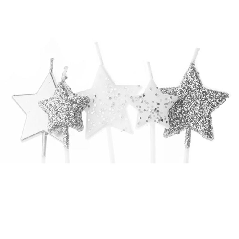 Velas plateadas estrellas, 5 uds. - NAROSA SWEET PARTY