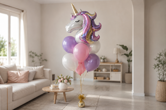 Bouquet de globos con helio personalizado con globo unicornio metalizado y globos de látex en tonos lila y rosa en Barcelona Dónde usar: Imagen de cabecera del artículo
