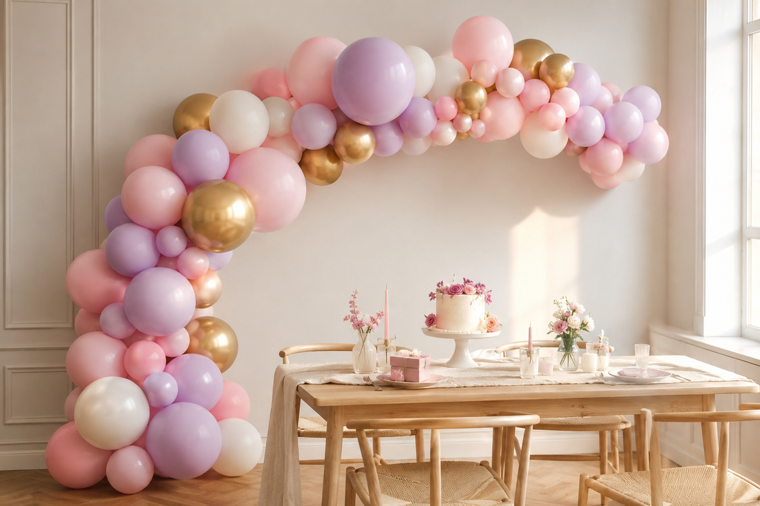 Guirnalda orgánica de globos de látex en tonos pastel decorando  una mesa de cumpleaños en Barcelona