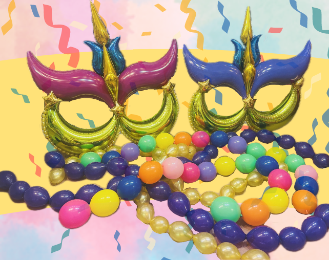 Máscaras de fiesta coloridas y collares de perlas decorativos en tonos vibrantes, perfectos para celebraciones llenas de alegría y diversión, con confeti de fondo que añade un toque festivo