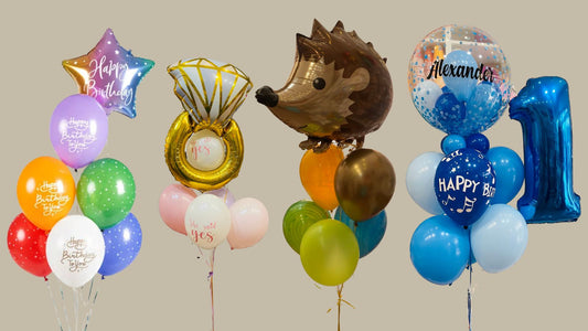 Arreglos de globos personalizados para cumpleaños, compromisos y celebraciones especiales, con diseños únicos como erizos y números.