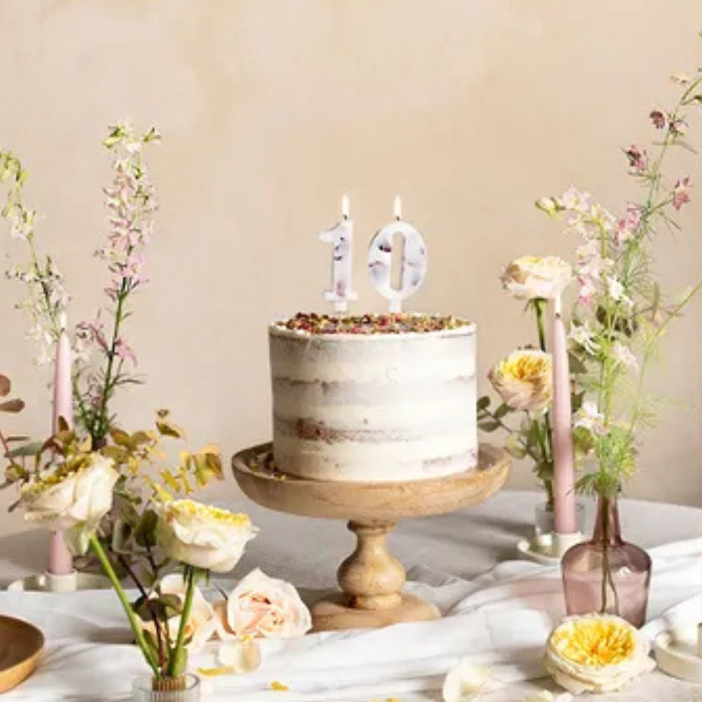 White Birthday Number Candle with Flower Petals - 8 cm