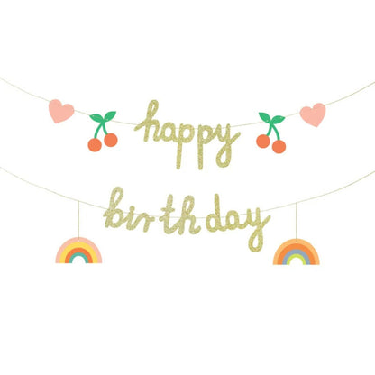 Banner de papel "Happy Birthday" 100x18 cm en colores vibrantes, incluye cuerda de 2 m