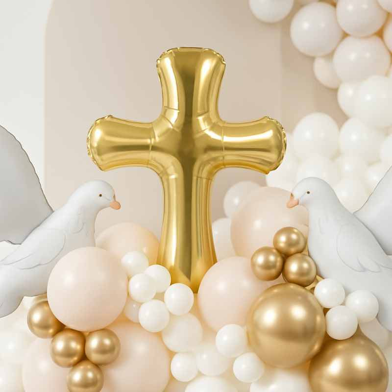 Globos de forma de cruz, palomas para decorar primera comuniones o bautizos