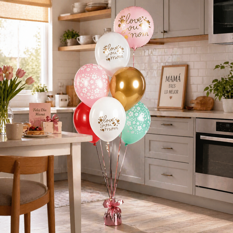 Ramo de globos del dia de la madre en una cocina para un desayuno sorpresa