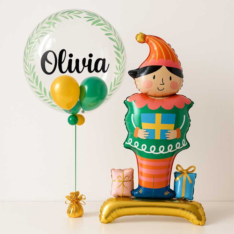 Bouquet navideño con globo Elfo de pie y Bubble personalizada