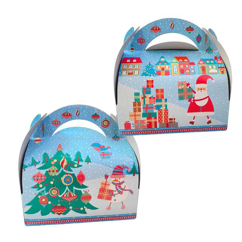 Caja de cartón azul claro con motivos navideños