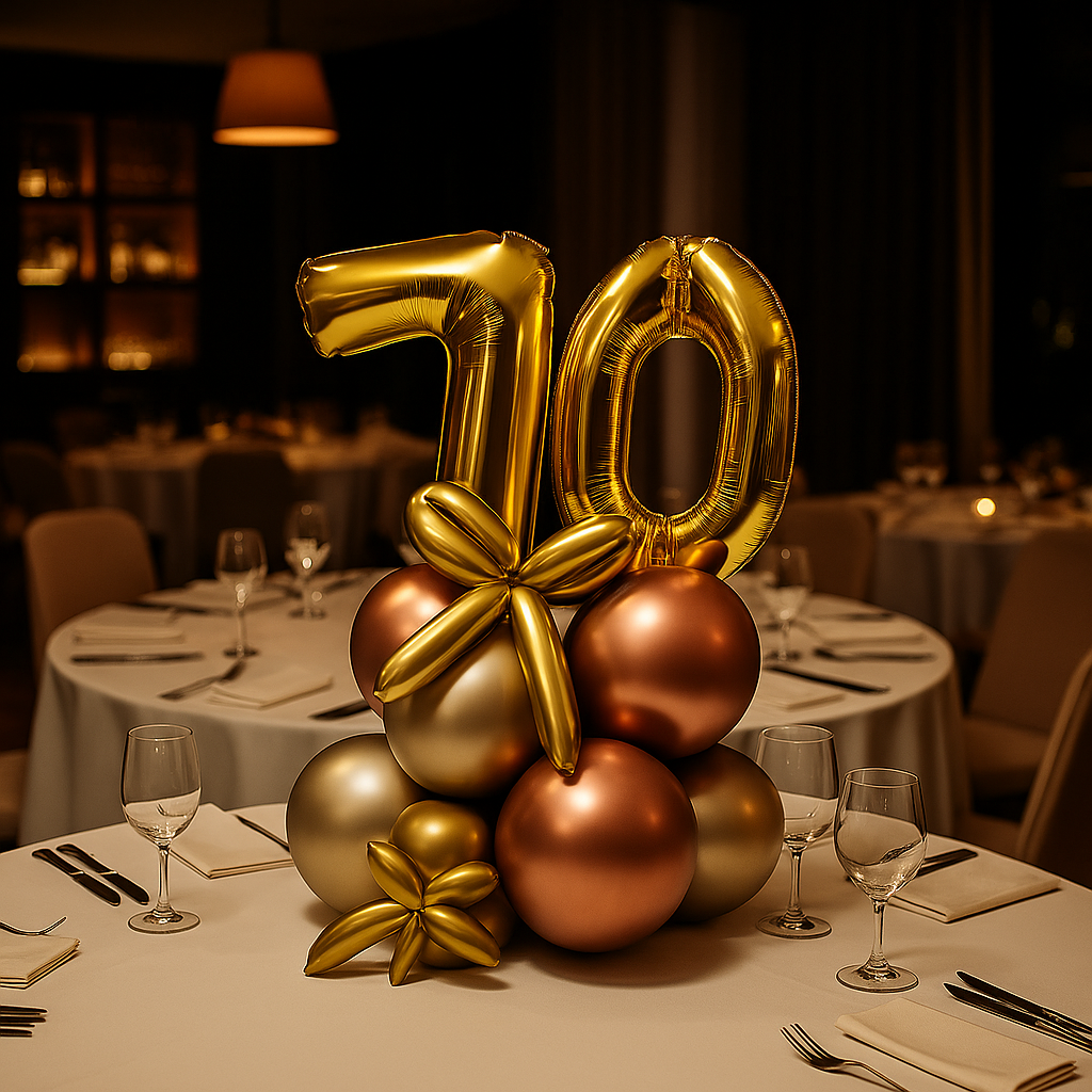 Centro de mesa con globos dorados y metálicos “70” en un salón elegante de restaurante decorado para un cumpleaños de noche.