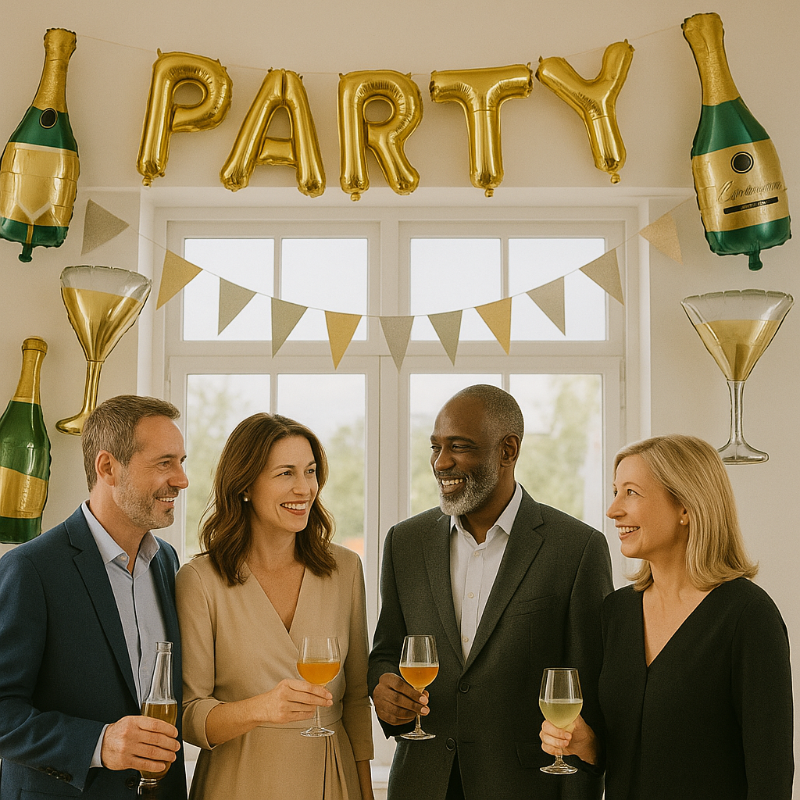 Adultos celebrando una fiesta con globos