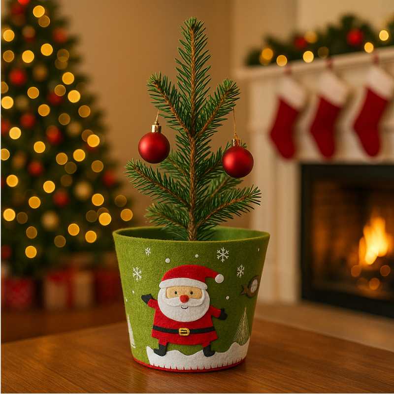 Green flower pot cover with Santa Claus, 10 cm