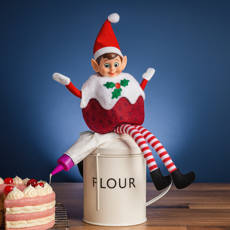 Detalle del disfraz pudding Navidad para elfo 30 cm