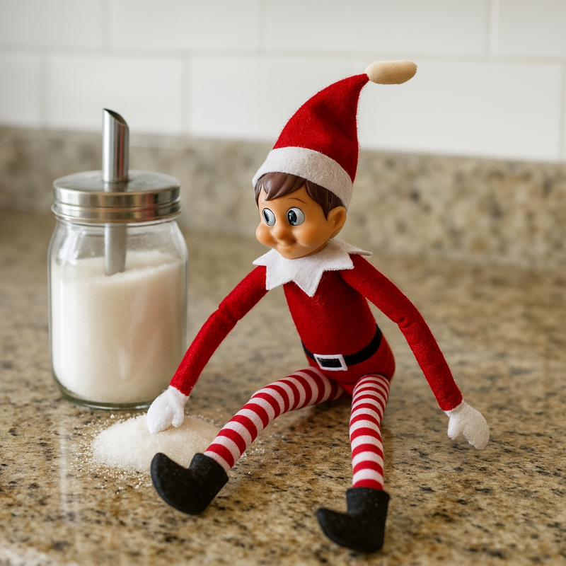 Detalle del rostro de Elvie la Elfa 30 cm juganzo con un azucarero