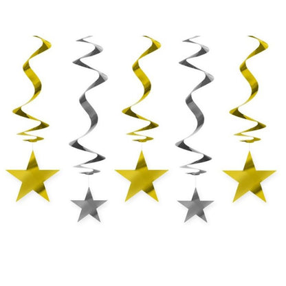 Espirales de papel con estrellas oro y plata 60 cm