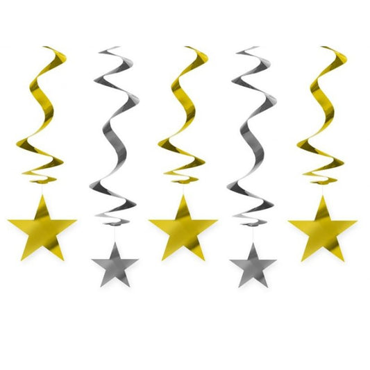 Espirales de papel con estrellas oro y plata 60 cm