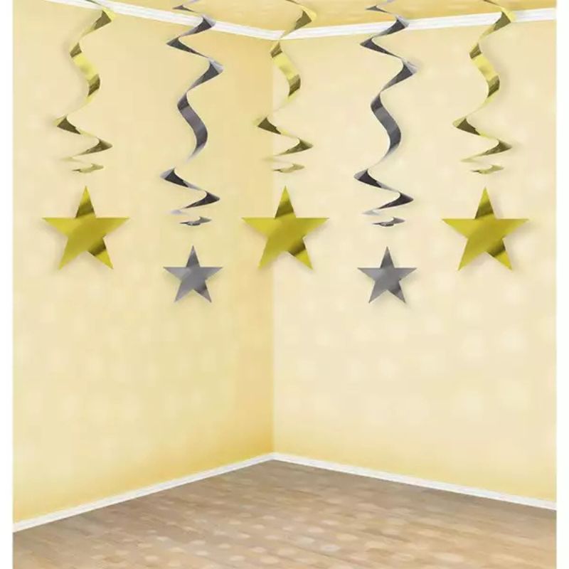 Pack 5 espirales colgantes estrellas doradas y plateadas