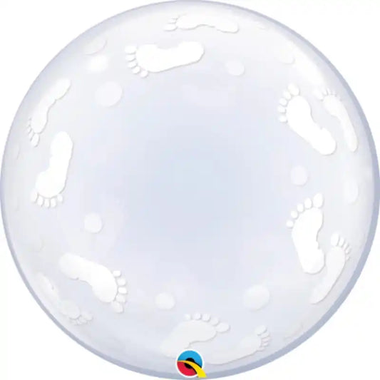 GLobo  transparente con dibujos en blanco de huellas de bebe