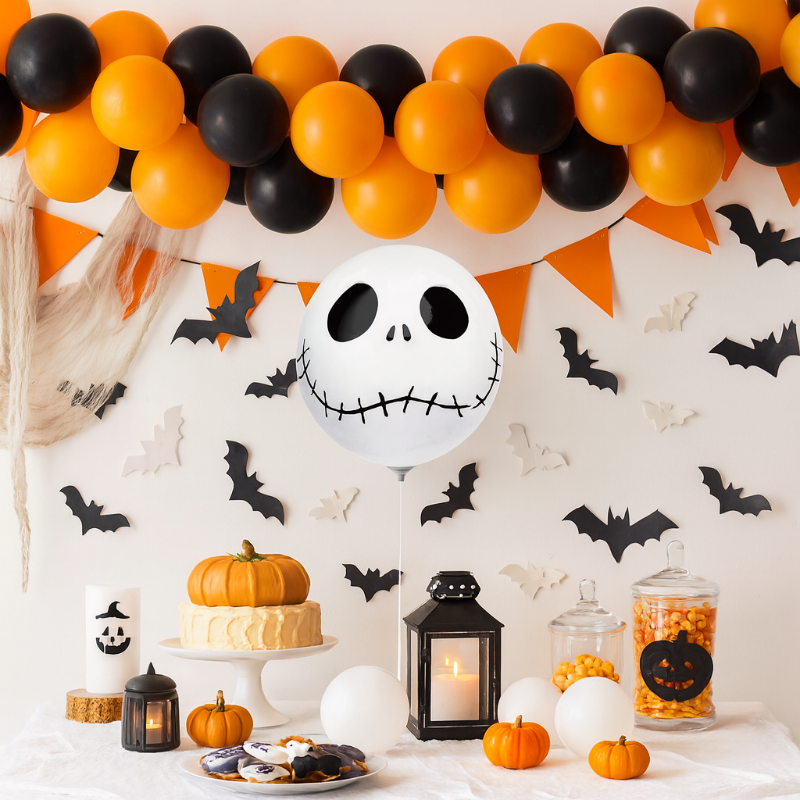 Decoración Halloween con globo calavera que flota con helio.