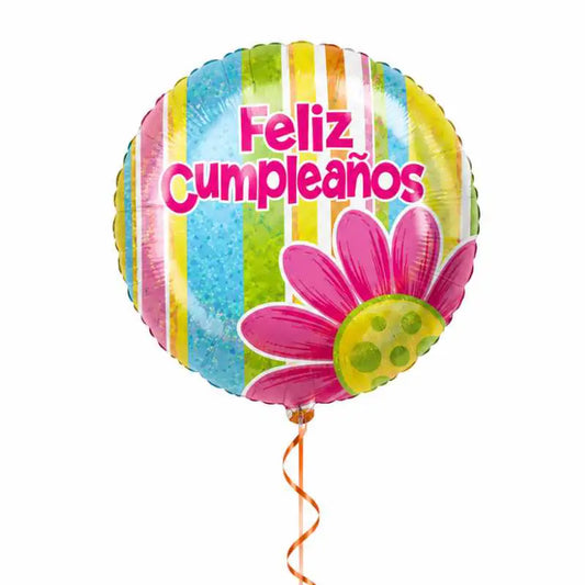 Globo Redondo Feliz Cumpleaños Flor Rosa 45 cm | Apto Aire y Helio - Narosa Sweet Party Barcelona