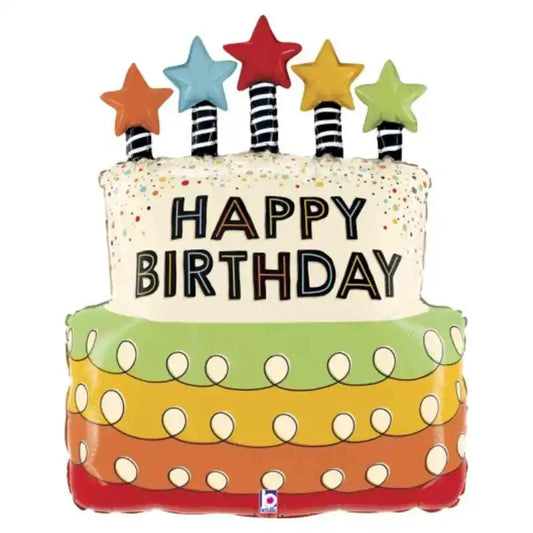 Globo foil gigante con forma de tarta de cumpleaños con velas y estrellas multicolor de 79 cm para decoración de fiestas