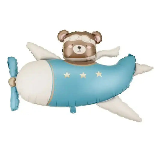 Globo foil osito en avión crema azul claro 94x61 cm
