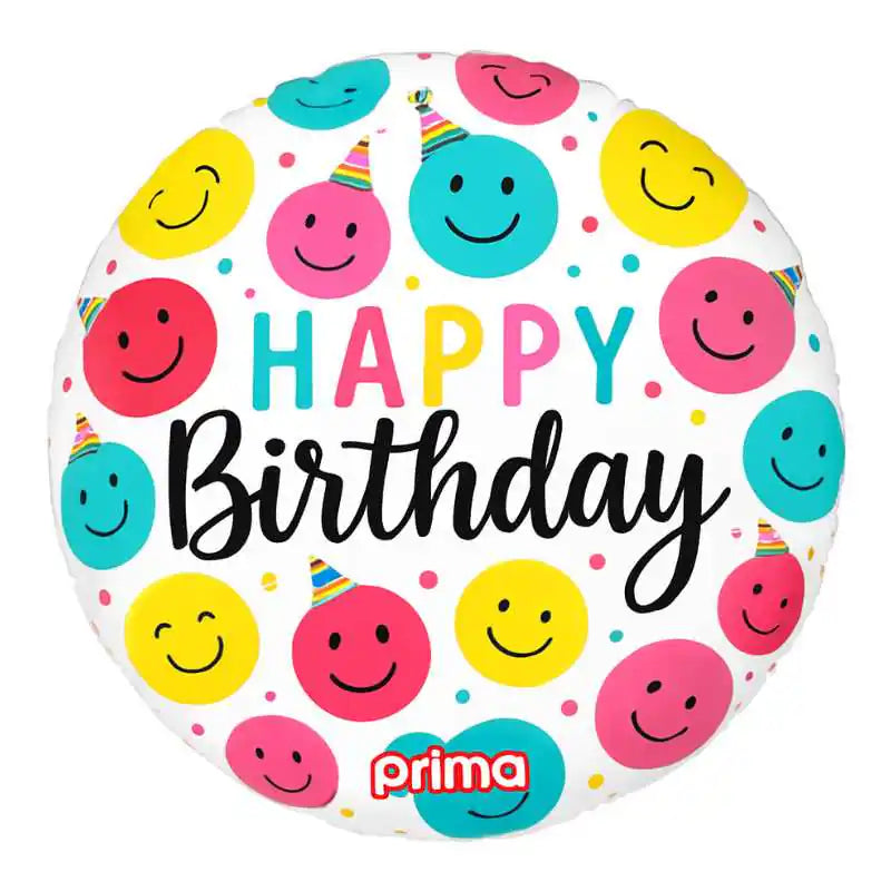 Globo foil redondo Birthday Happy Faces con diseño de caritas felices multicolor de 46 cm para decoración de cumpleaños