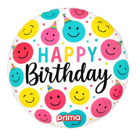 Globo foil redondo Birthday Happy Faces con diseño de caritas felices multicolor de 46 cm para decoración de cumpleaños