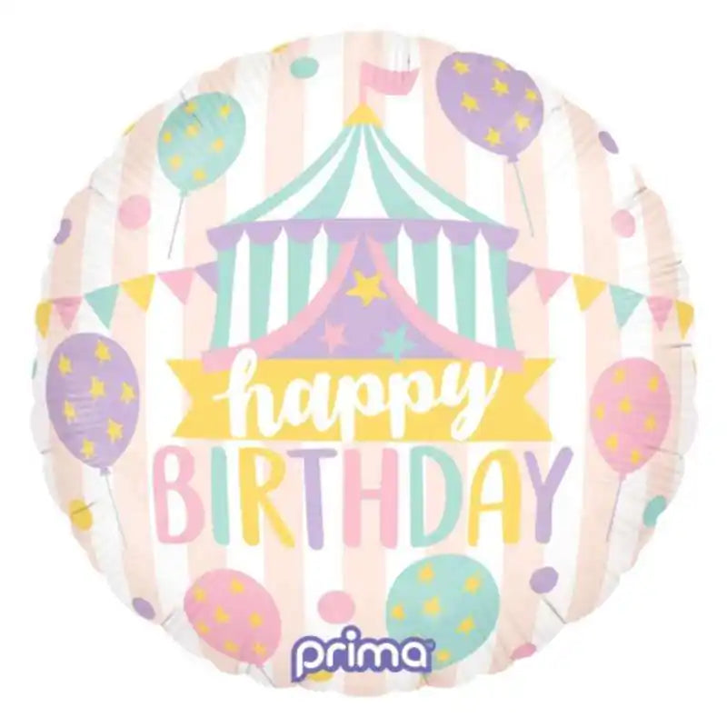 Globo foil redondo Birthday con diseño Pastel Circus en tonos lila rosado y mint green de 46 cm para cumpleaños