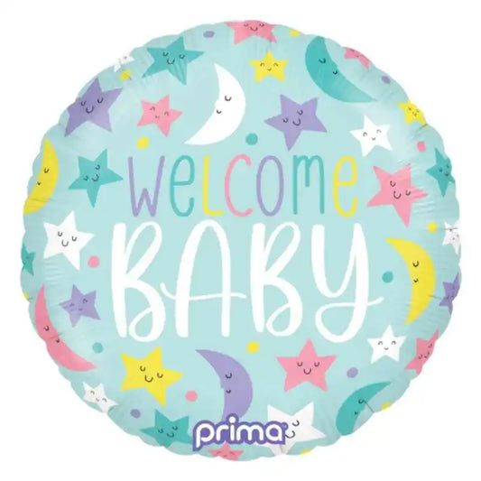 Globo foil redondo Welcome Baby con diseño de lunas y estrellas en azul de 46 cm para decoración de baby shower