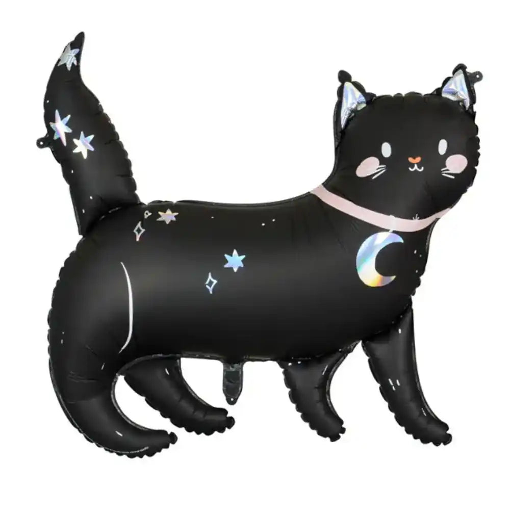 Globo Metálico Gato Negro 96x95 cm - Acabado Holográfico, Apto para Helio y Aire