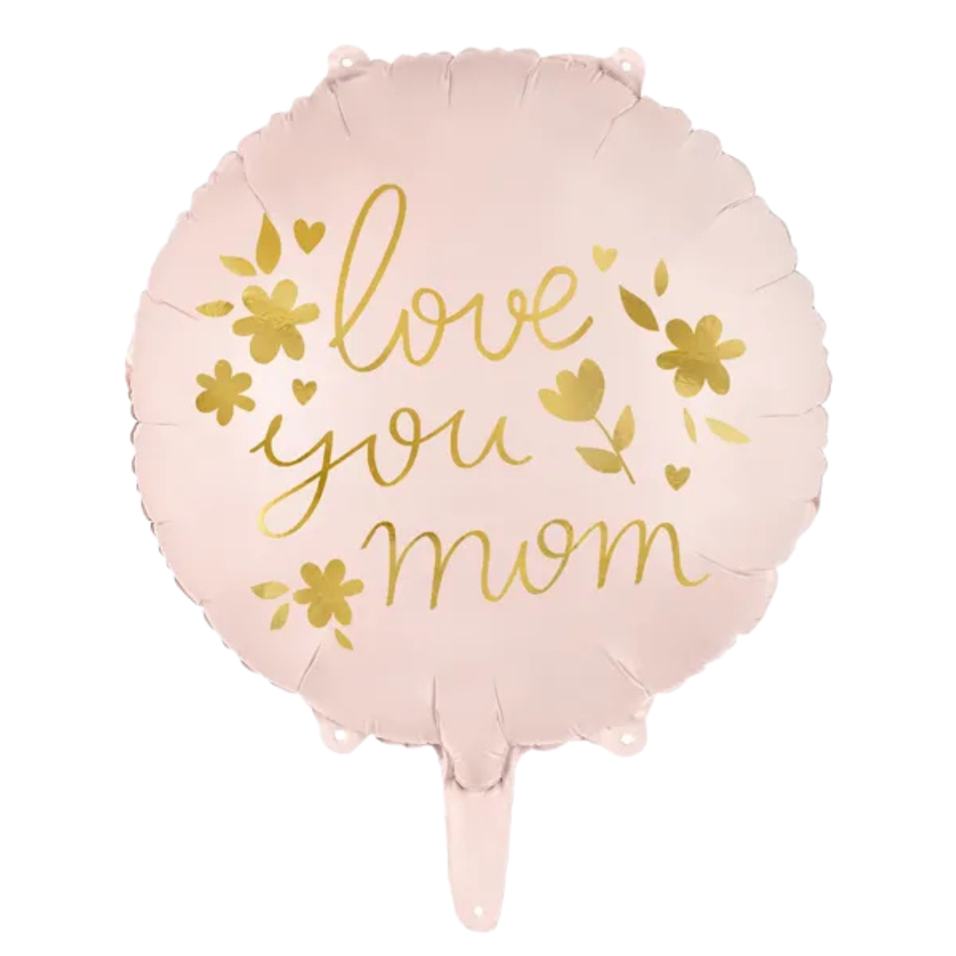 Globo Metálico "Love You Mom" 35 cm - Rosa con Detalles Dorados