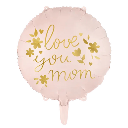 Globo Metálico "Love You Mom" 35 cm - Rosa con Detalles Dorados