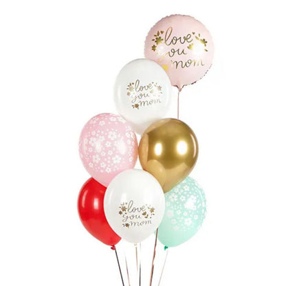Ramo de globos "Love You Mom" 35 cm - Rosa con Detalles Dorados