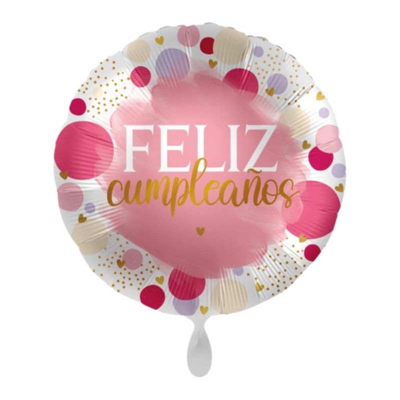 Globo redondo de 45 cm con la inscripción "Feliz Cumpleaños" y puntos rosas.