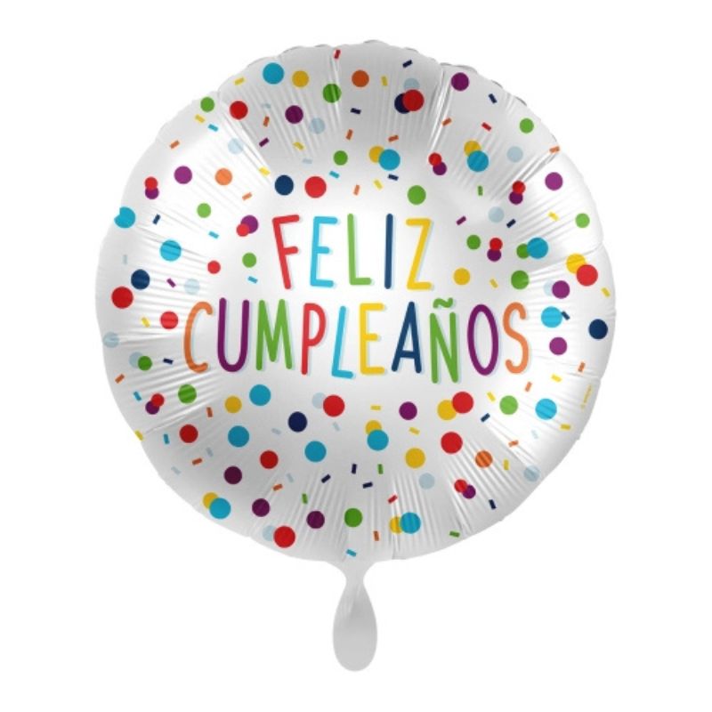 Detalle del confeti multicolor y el texto "Feliz Cumpleaños" dentro del globo.