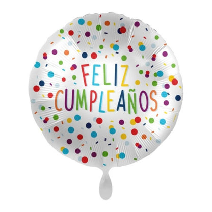 Detalle del confeti multicolor y el texto "Feliz Cumpleaños" dentro del globo.
