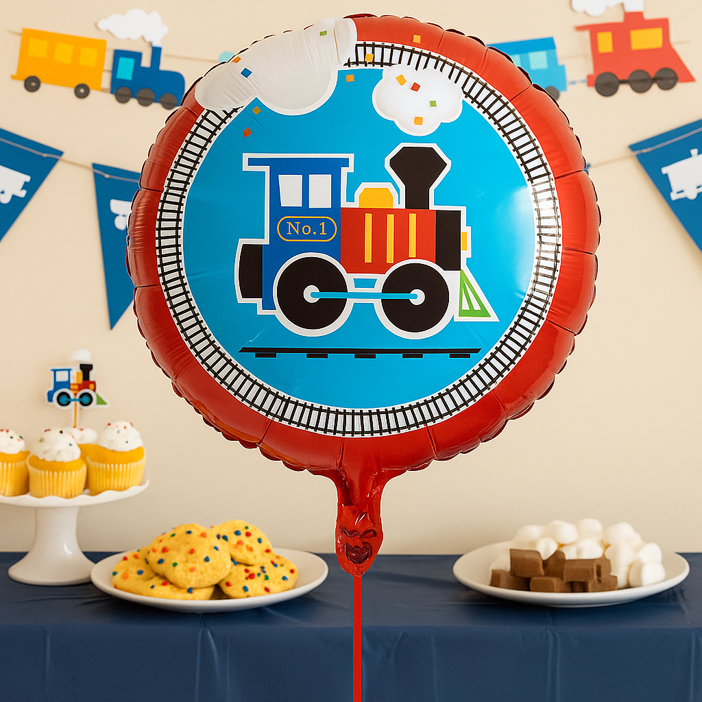 Globo tren All Aboard 45 cm para cumpleaños infantiles.