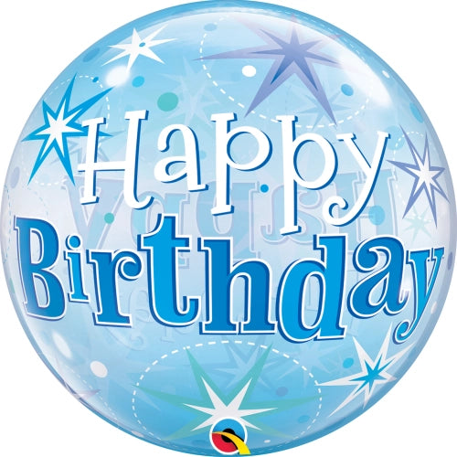 Globo bubble azul con mensaje de cumpleaños en inglés