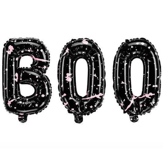 Globo “BOO” negro con rosa 65×35 cm para Halloween.