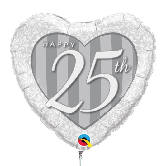 Globo corazón plata 45 cm “Feliz 25º” elegante y festivo.