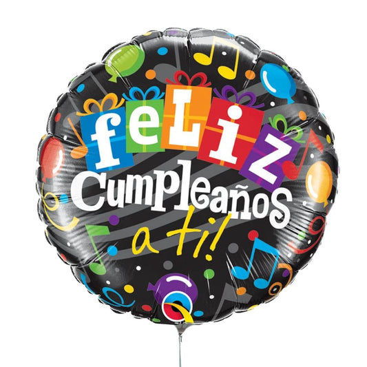 Globo “Feliz Cumpleaños a Ti” con fondo negro y colores.
