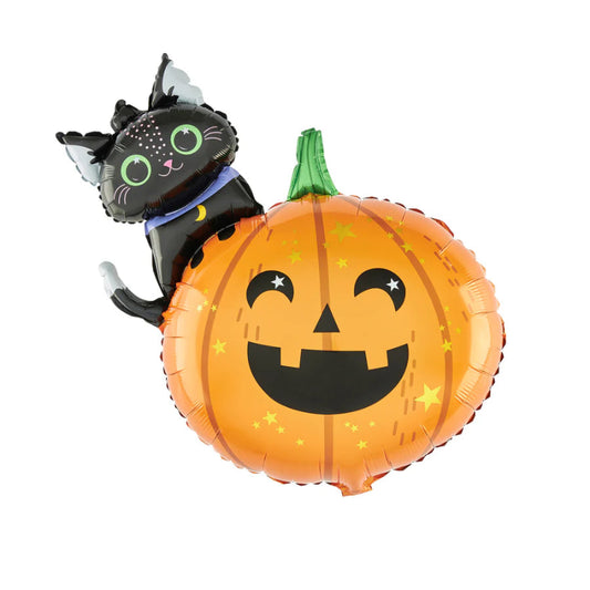 Globo foil de calabaza con gatito negro para Halloween