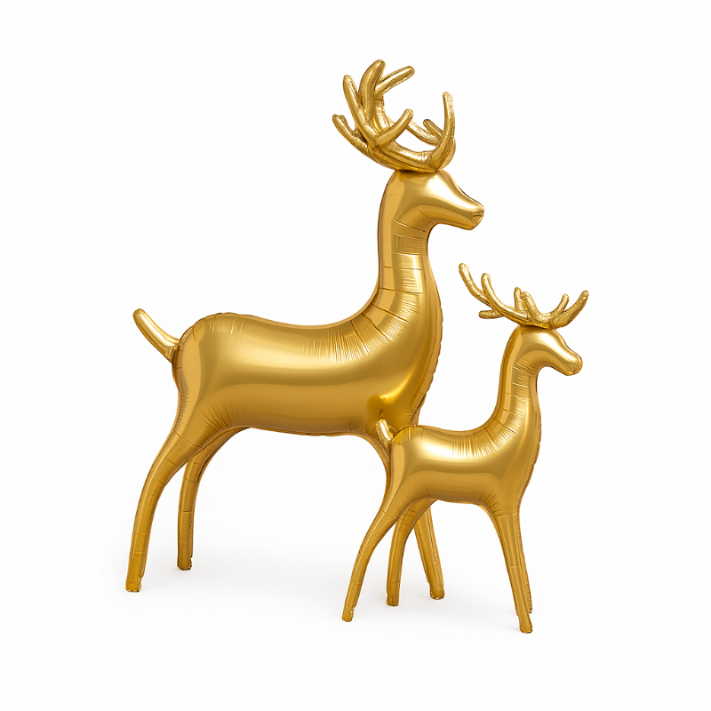 Dos globos de forma de reno en tono dorado, uno más grande que otro