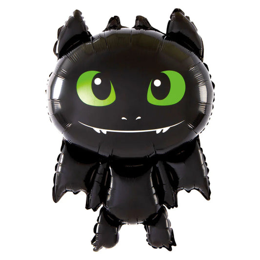 Globo de dragón negro con ojos verdes y sonrisa traviesa