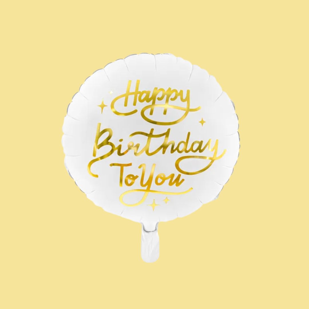 Globo de Aluminio Happy Birthday To You 35 cm – Blanco y Dorado