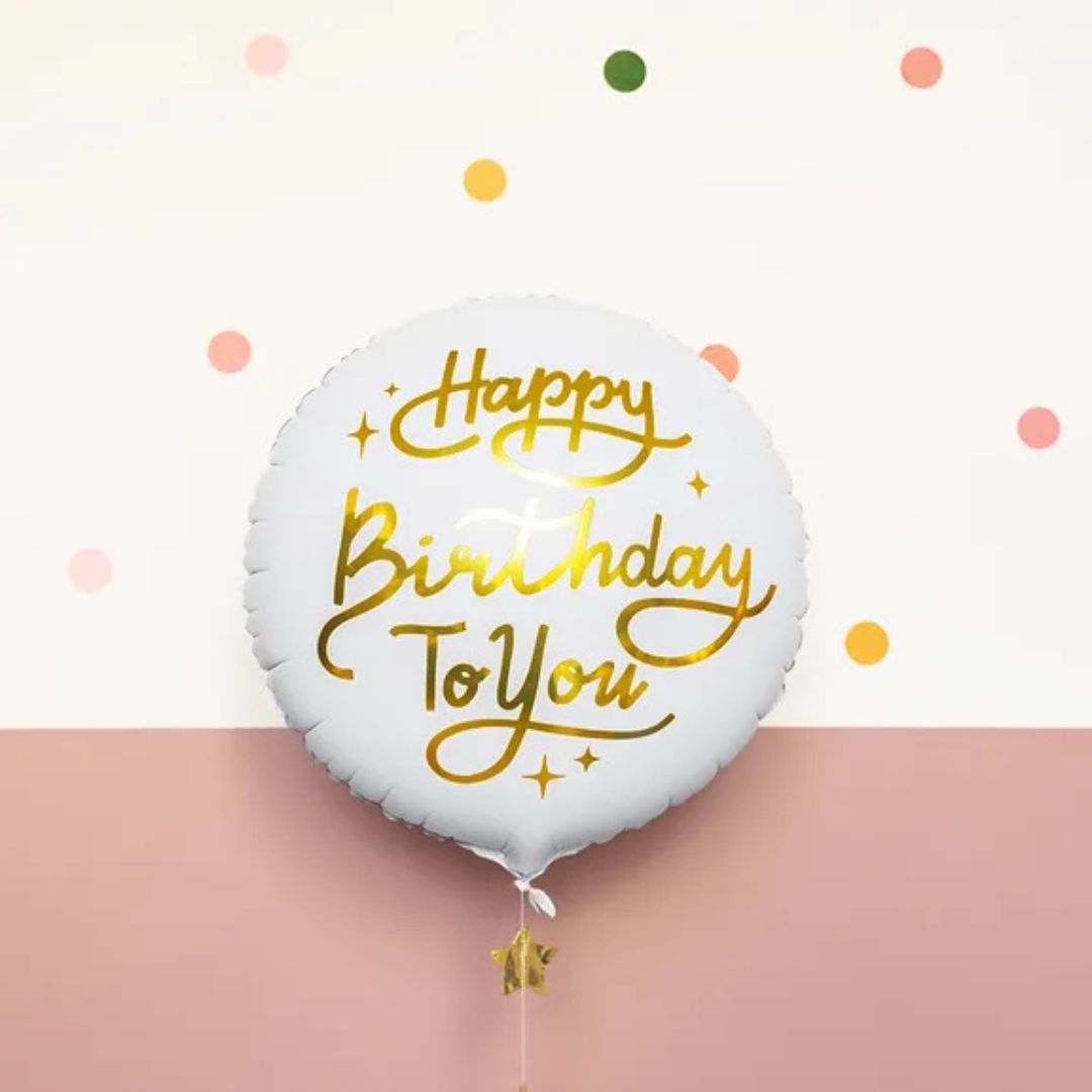 Globo de Aluminio Happy Birthday To You 35 cm – Blanco y Dorado